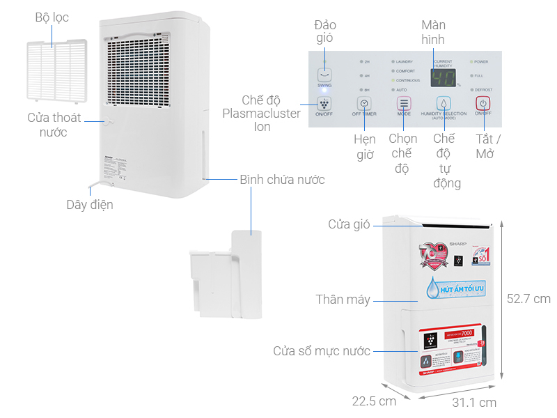 Máy ION và HÚT ẩm Sharp DW-D12A-W