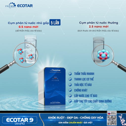 Nước ion kiềm từ Geyser Ecotar 9 ultra ro Có cụm phân tử nước nhỏ mịn (0.5 nanomet)