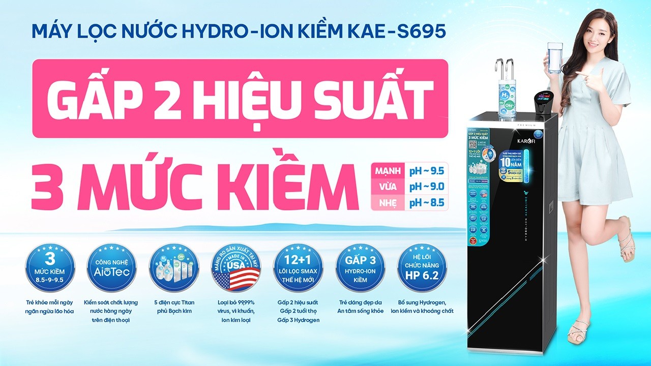 Máy Lọc Nước Nóng Lạnh Hydro Ion Kiềm Karofi Kae S695