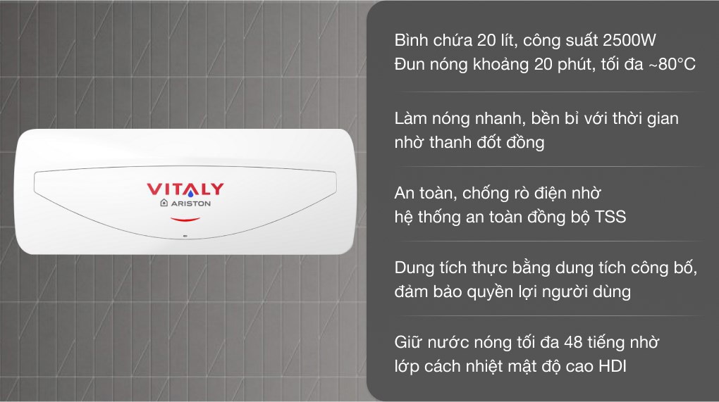 Bình Nóng Lạnh Ariston Vitaly 20 Slim (bình Ngang 20l)