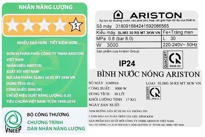 Bình Nước Nóng Gián Tiếp Ariston 30 Lít 3000w Slim3 30 Rs