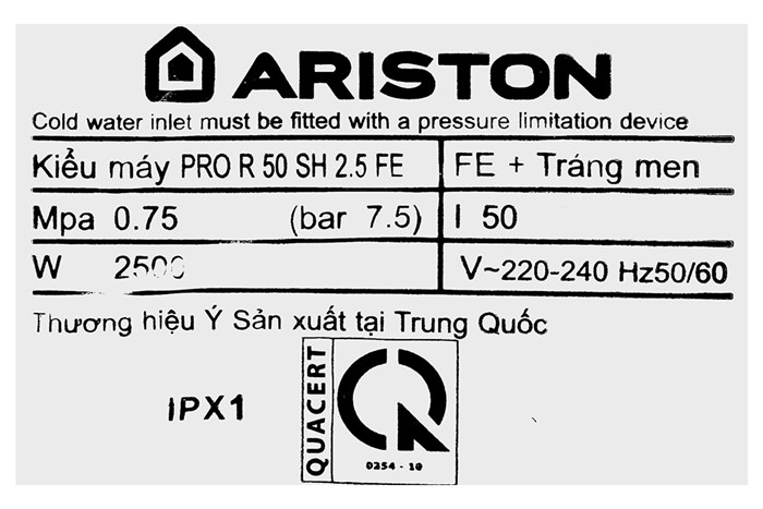 Bình Nóng Lạnh 50l Ariston Pro R 50 Sh 2.5 Fe