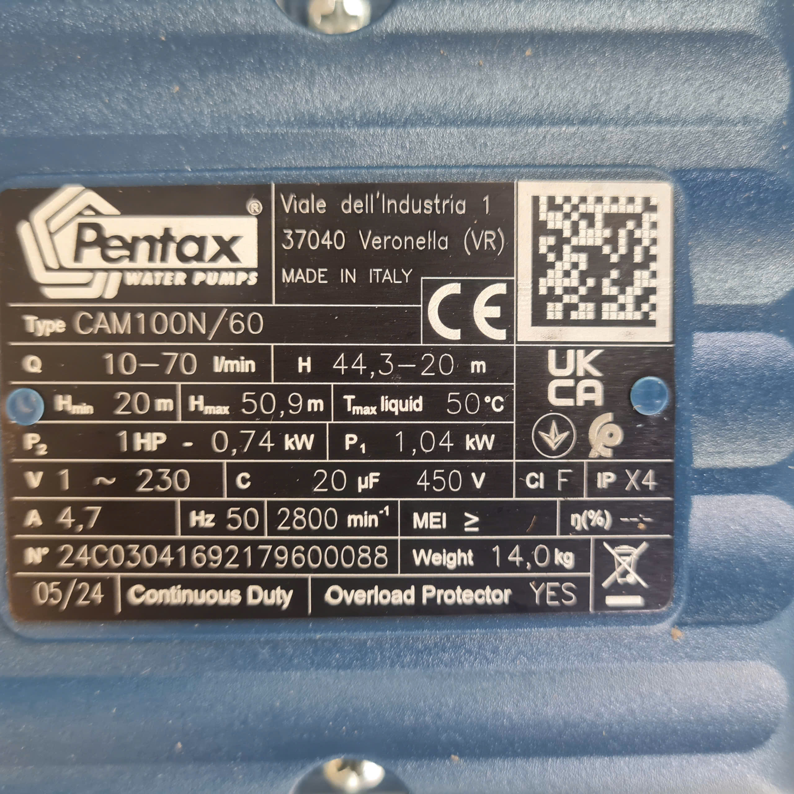 Máy Bơm Nước Chân Không Pentax Cam 100n/60 (1.0hp) 750w 220v