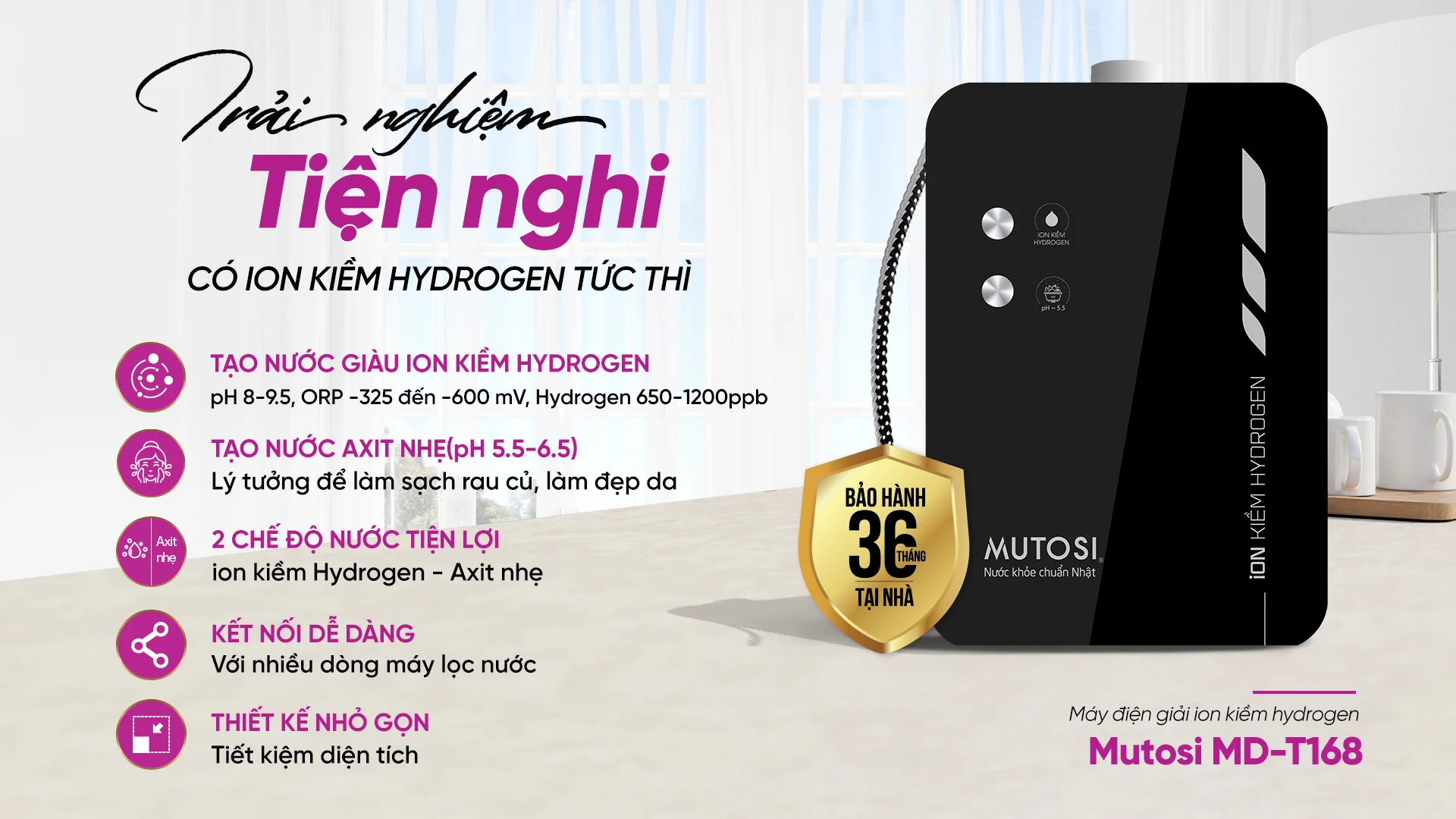Máy điện Giải Ion Kiềm Hydrogen Mutosi Md T168