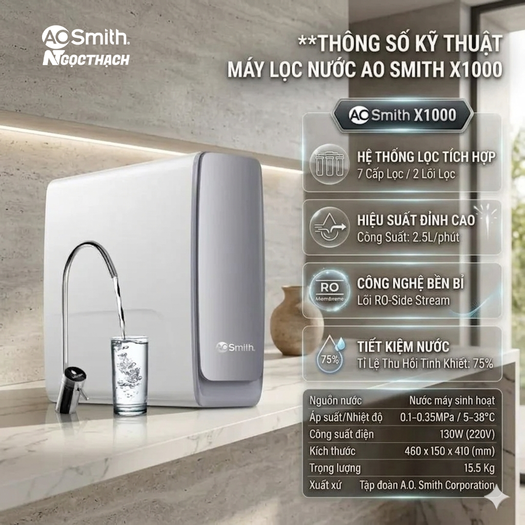 Máy Lọc Nước A.o.smith X1000 để Gầm – Ro Cao Cấp, Lõi Lọc Bền Lâu Nhất