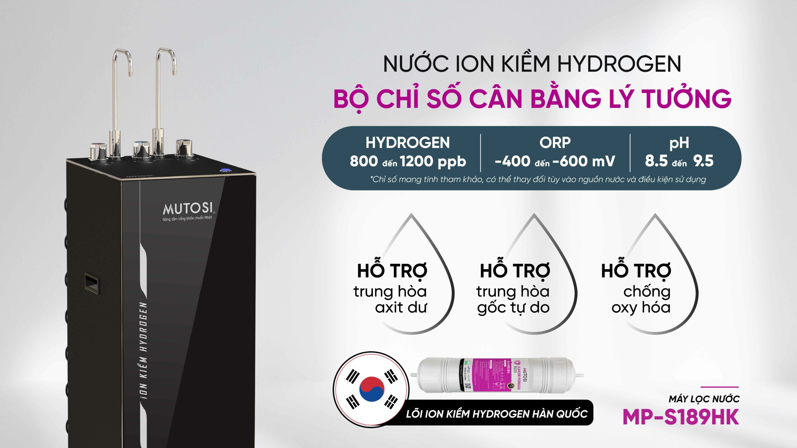 Máy Lọc Nước Ion Kiềm Hydrogen Nóng Lạnh Nguội Mutosi Mp S189hk