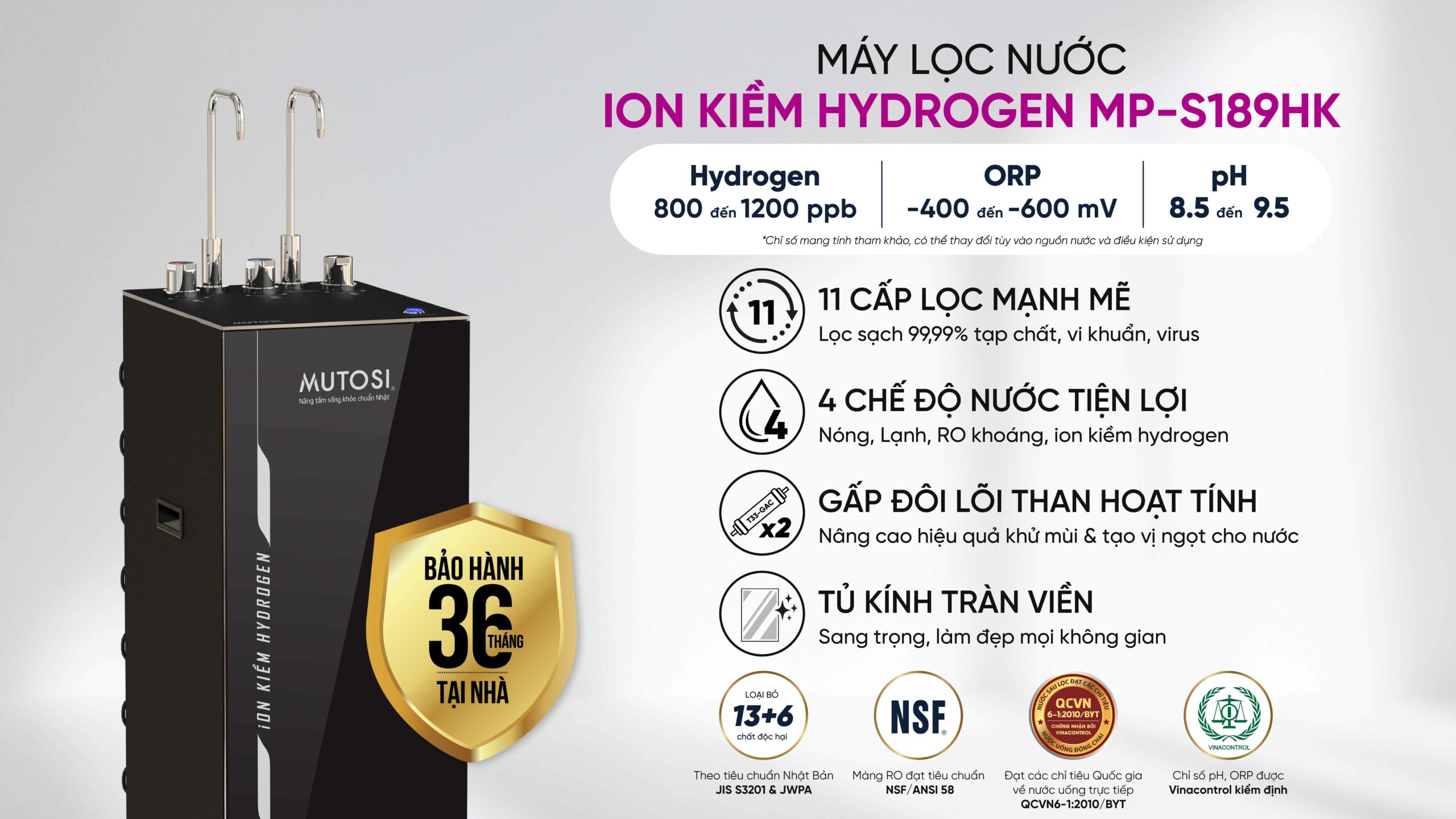 Máy Lọc Nước Ion Kiềm Hydrogen Nóng Lạnh Nguội Mutosi Mp S189hk