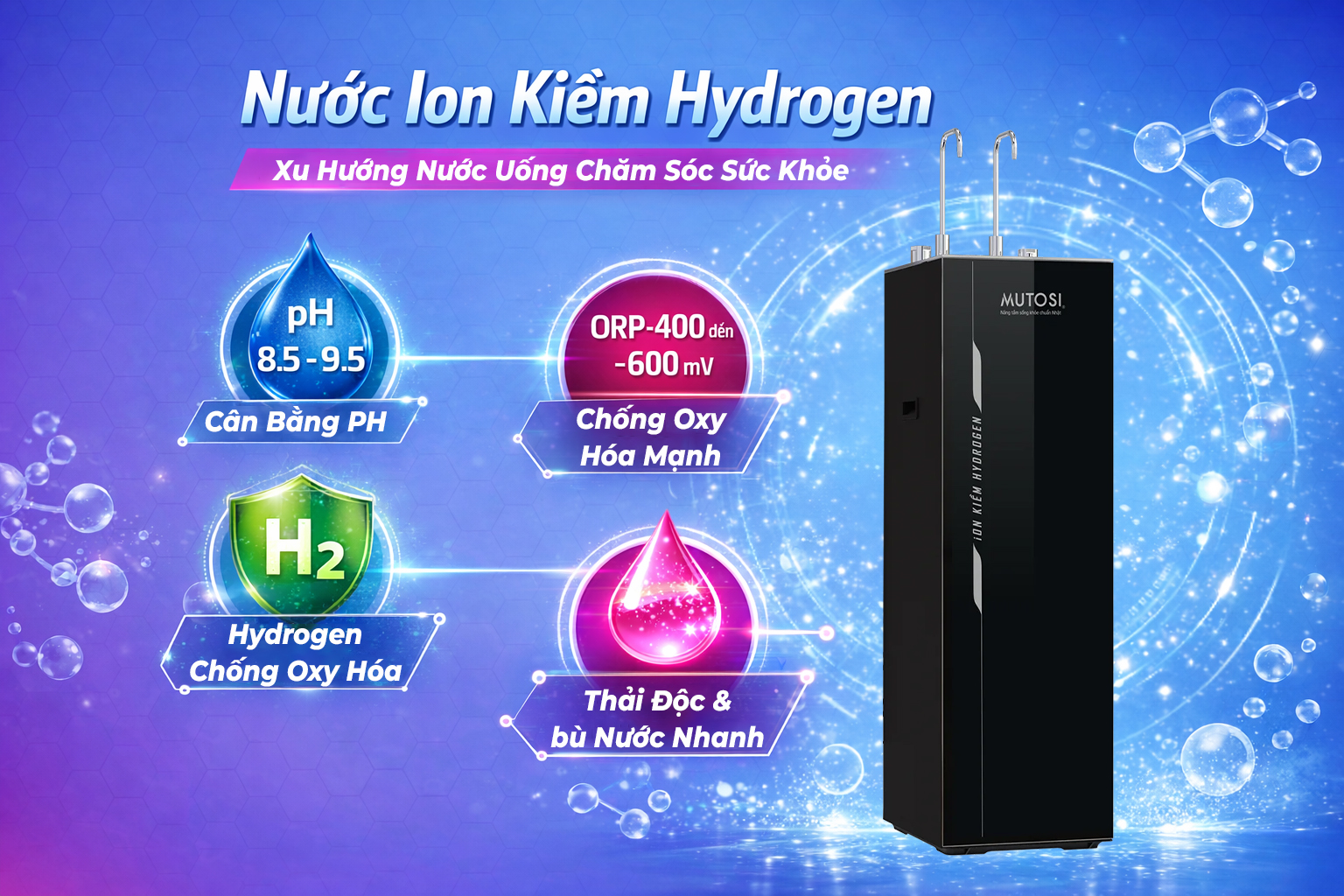 Máy Lọc Nước Ion Kiềm Hydrogen Nóng Lạnh Nguội Mutosi Mp S199hik
