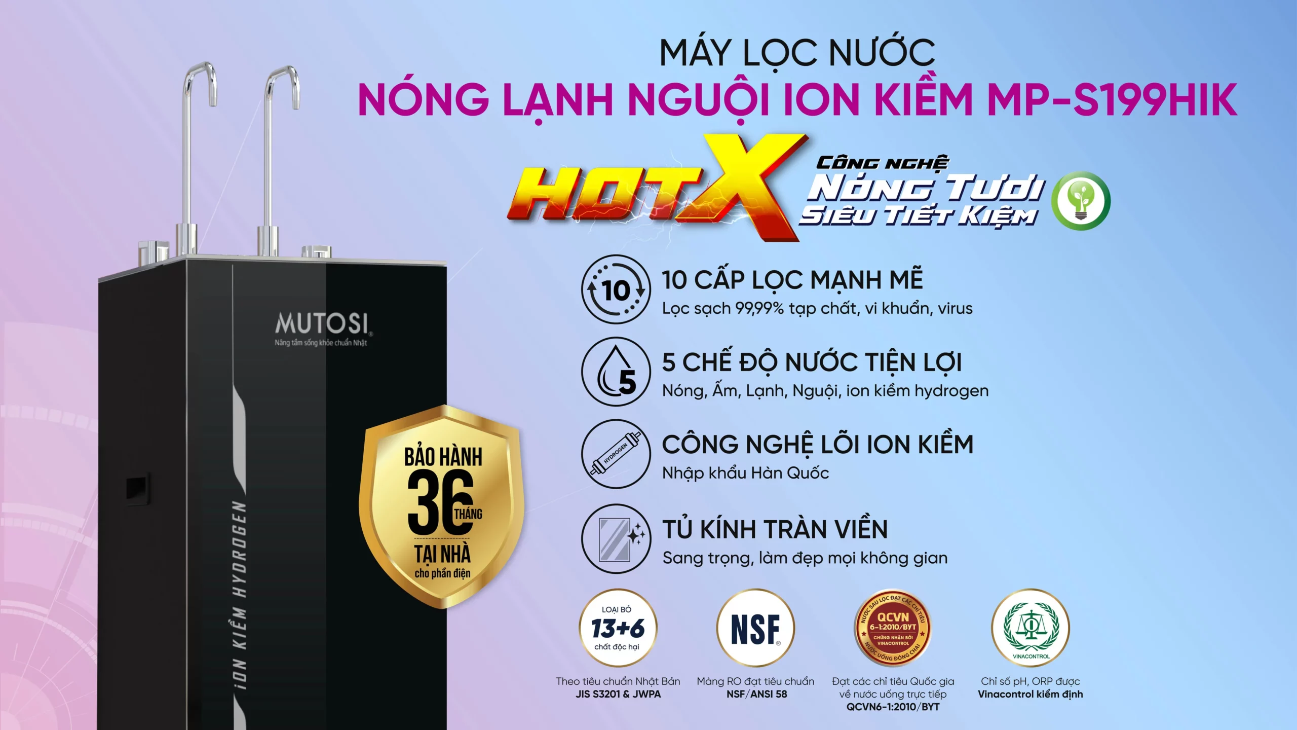 Máy Lọc Nước Ion Kiềm Hydrogen Nóng Lạnh Nguội Mutosi Mp S199hik