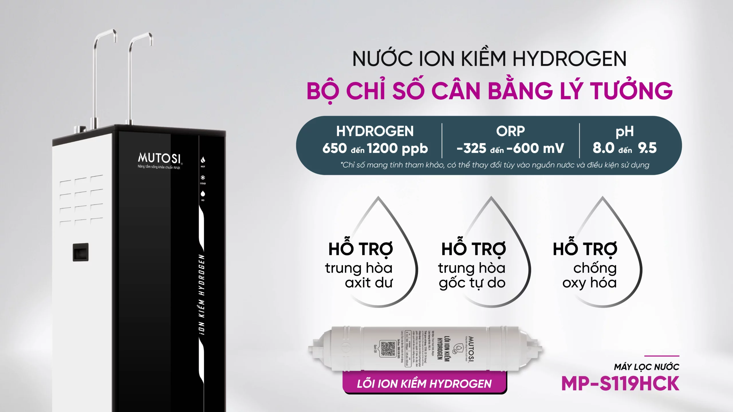 Máy Lọc Nước Nóng Lạnh Nguội Ion Kiềm Hydrogen Mutosi Mp S119hck