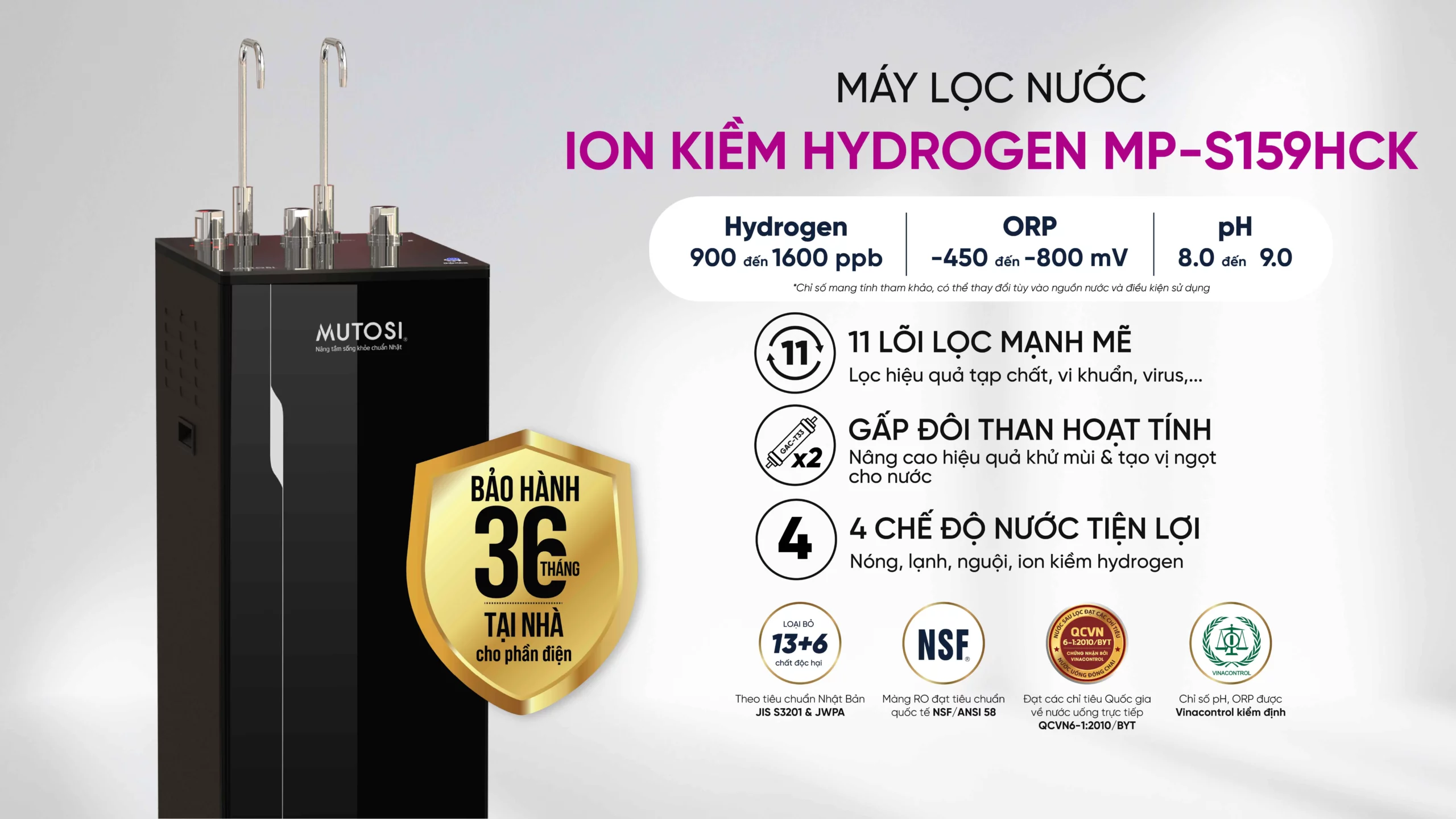 Máy Lọc Nước Ion Kiềm Hydrogen Nóng Lạnh Nguội Mutosi Mp S159hck