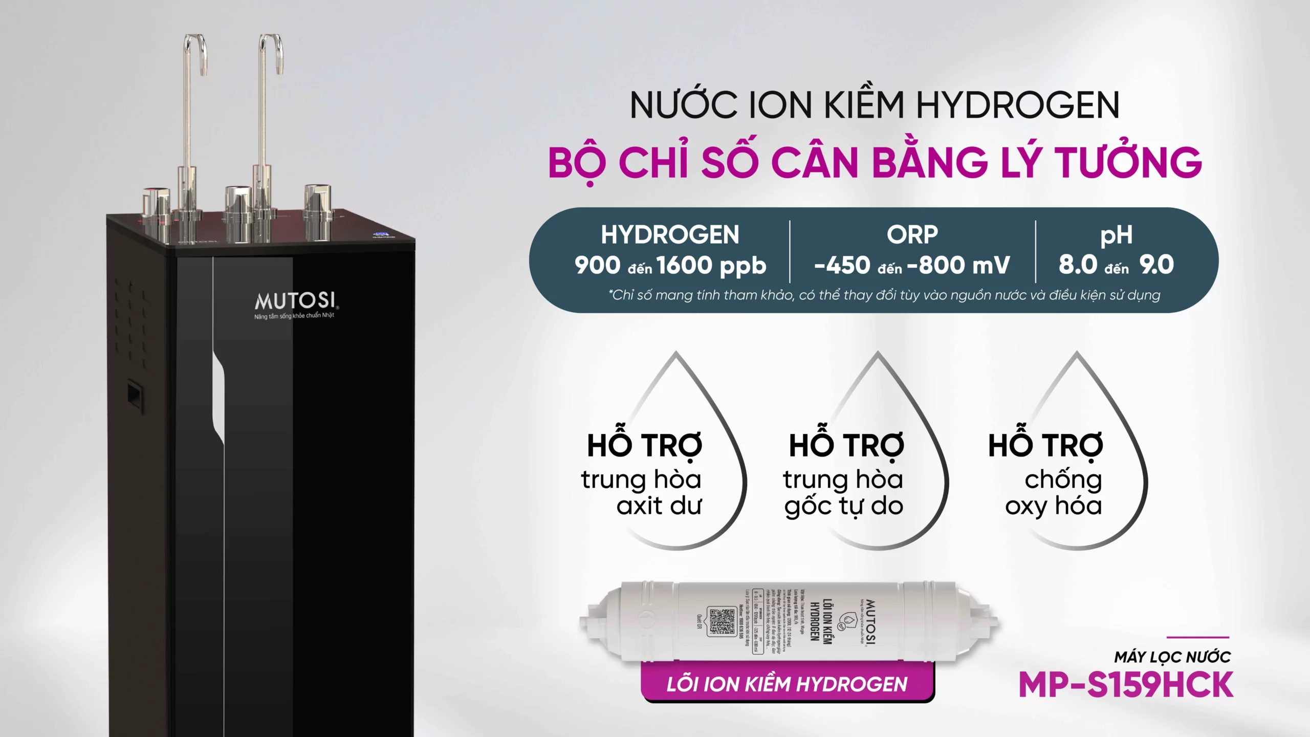 Máy Lọc Nước Ion Kiềm Hydrogen Nóng Lạnh Nguội Mutosi Mp S159hck