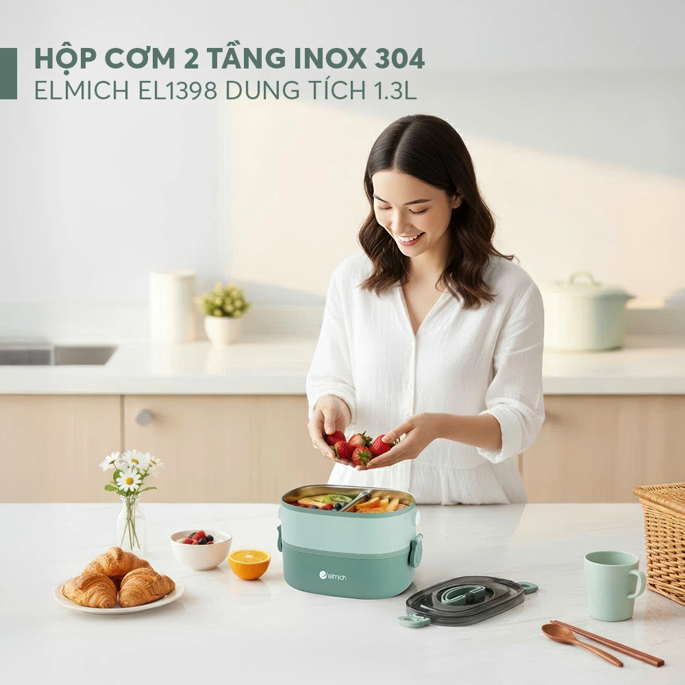 Hộp Cơm 2 Tầng Inox 304 Elmich El1398 Dung Tích 1.3l Hộp Cơm Giữ Nhiệt Chân Không